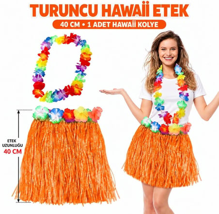 Hawaii Luau Aloha Turuncu Püsküllü 40 cm Etek ve Kolye Seti Dans Kıyafeti Organizasyon Ürünü