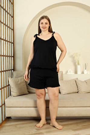 %100 Pamuk İp Askılı Büyük Beden Şortlu Kadın Pijama Takımı- Geniş Beden Aralığı