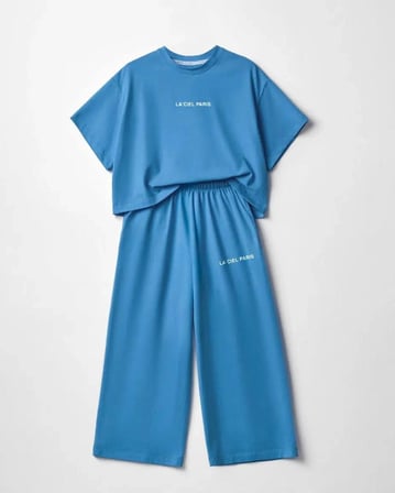 Kız Çocuk Pamuklu Mavi Crop T-Shirt ve Pantolonlu Takım