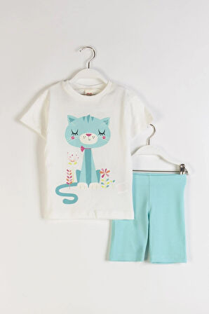 Orman Kedi Baskılı Kısa Taytlı Kız Çocuk Takım - MAVİ