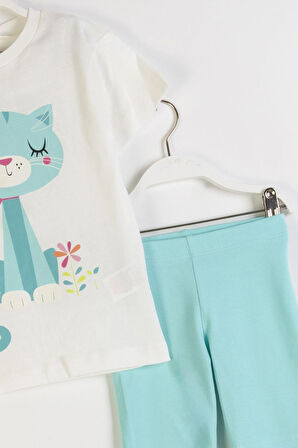 Orman Kedi Baskılı Kısa Taytlı Kız Çocuk Takım - MAVİ