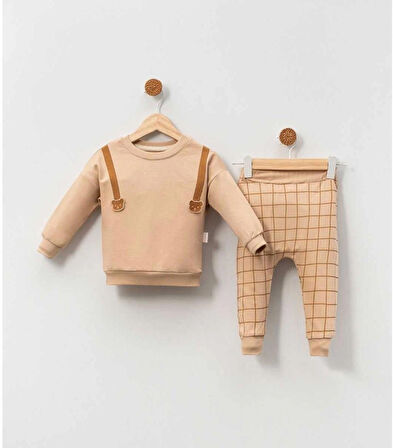Ayıcık Nakışlı Erkek Bebek Bej İkili Takım