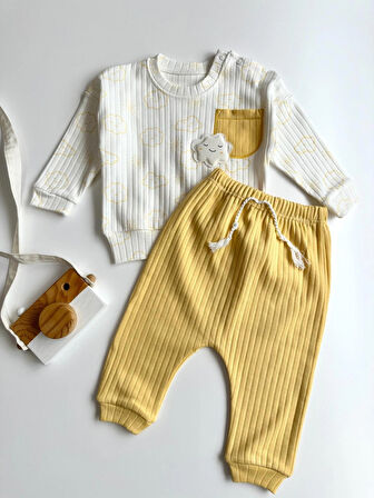 Bulut Desenli Erkek Bebek Sarı İkili Takım