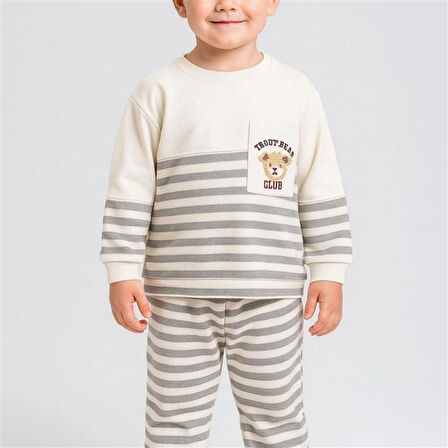 Ayıcık Nakış Cepli Erkek Bebek İkili Takım - Gri