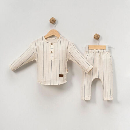 Lacivert Çizgi Erkek Bebek Müslin İkili Takım