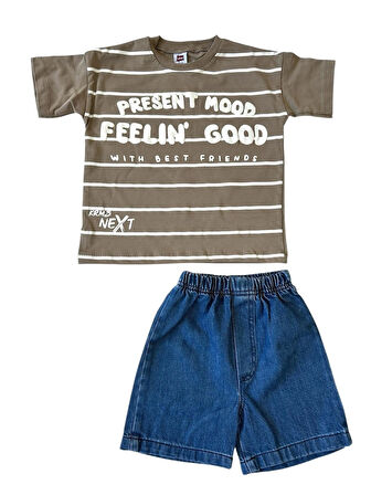 Vizon Çizgili Denim Şortlu Erkek Çocuk Takımı