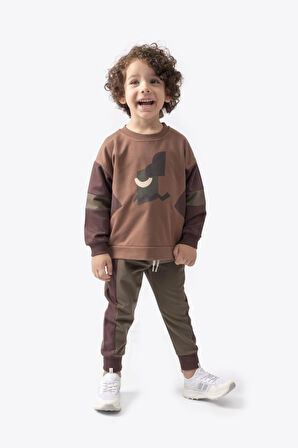 Dino Baskılı Erkek Çocuk Kahve Alt - Üst Takım
