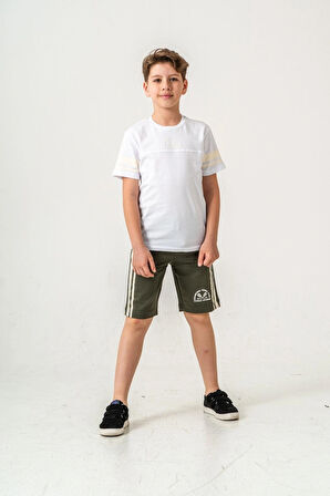 Bisiklet Yaka Erkek Çocuk Haki Şortlu İkili Takım