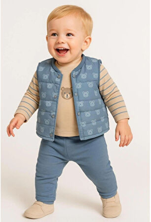 Ayıcıklı Şişme Yelekli Erkek Bebek 3'lü Takım