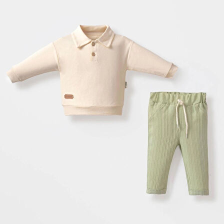 Yaka Düğmeli Erkek Bebek Keten Pantolonlu Takım - Yeşil