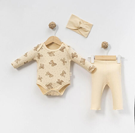 Fiyonk Desenli Kız Bebek Bandanalı Zıbın Takımı