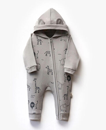Önden Fermuarlı Animal Desenli Erkek Bebek Tulumu