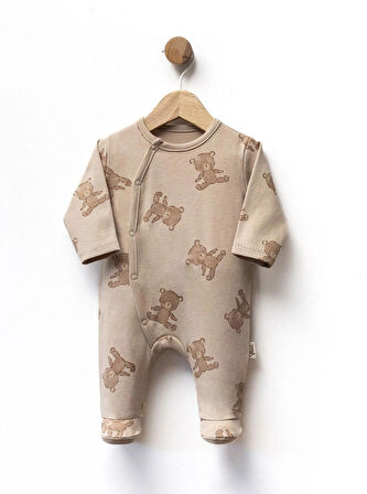 Ayıcık Desenli Kahve Erkek Bebek Önden Çıtcıtlı Patikli Tulum