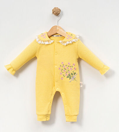 Dantel Yakalı Kız Bebek Sarı Tulum