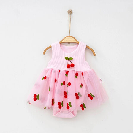 Kiraz Nakışlı Kız Bebek Tütülü Zıbın Elbise