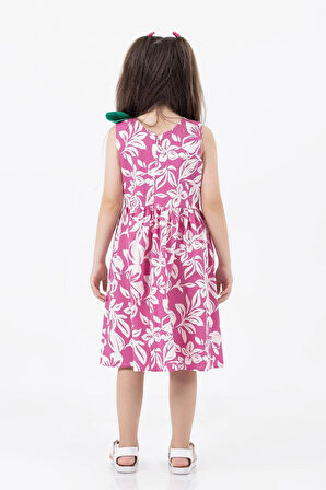 Fuşya Çiçekli Kız Çocuk Elbisesi