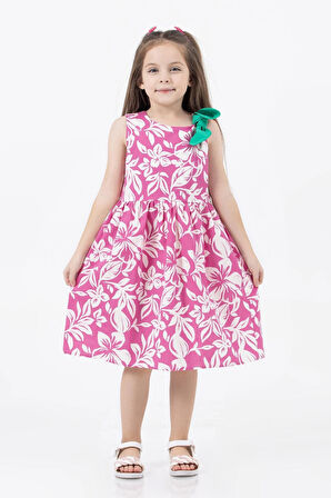 Fuşya Çiçekli Kız Çocuk Elbisesi