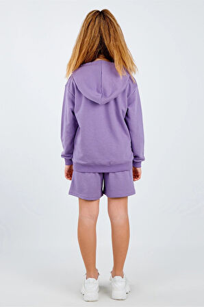 Kapüşonlu Mor Kız Çocuk Kaprili Takım