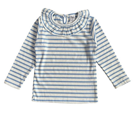Çizgili Fırfır Yakalı Pamuklu Uzun Kollu Çocuk Bluzu