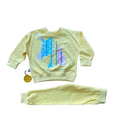 Taşlı Unıcorn Popitli Sarı Kız Çocuk Eşofman Takımı