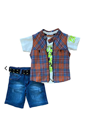 Ekose Desenli Yelekli Erkek Çocuk 3'lü Jean Takım