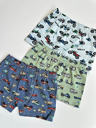 Erkek Çocuk 3'lü Araba Desenli Pamuklu Boxer Seti
