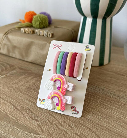 Gökkuşaklı Lastik Kız Çocuk Toka Seti - Pembe