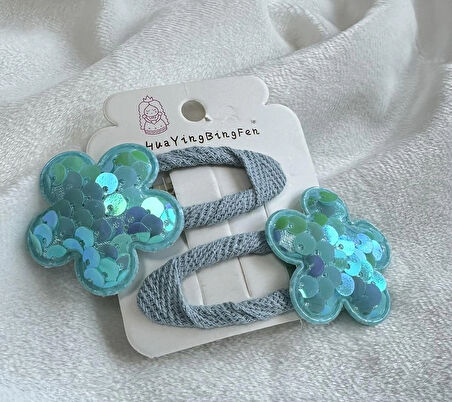 Çiçek Figürlü Pullu Mavi Kız Çocuk Tokası