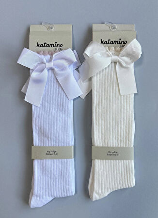 Kurdelalı 2'li Kız Çocuk Dizaltı Çorap Seti - KREM