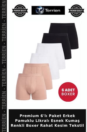 Premium 6'lı Paket Erkek Pamuklu Likralı Esnek Kumaş Renkli Boxer Rahat Kesim Tekstil