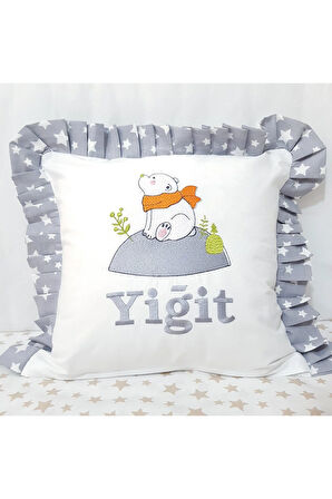 40x40 Cm Nakışlı Bebek Kırlenti İsimli Fırfırlı Takı Yastığı İçi Dolgulu H9