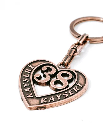 Kayseri "38" Temalı Antik Bakır Renk Metal Kalp Anahtarlık - Özel Tasarım & Hediyelik
