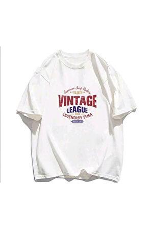 Beyaz Vintage Baskılı T-shirt