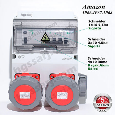 AMAZON IP66-IP67-IP68 Trifaze Elektrikli Araç Kombinasyon Kutusu, 5x32A + 5x32A + 1x16A - Sigorta Markası Seçeneği - 5 Yıl Garanti
