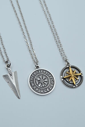 3'lü Triagle Ok Ucu Viking Pusula Tılsım  Gümüş Kaplama Unisex Düz Zincir Kolye Seti kod 1175