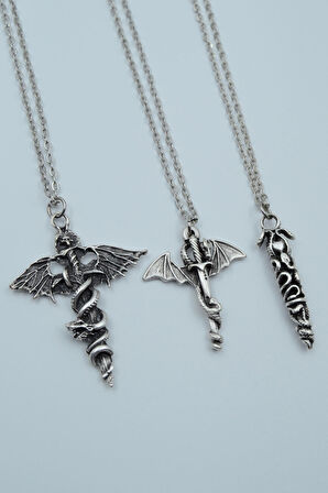 3'lü Yarasa Yılan Kılıç Ejderha Kılıç Yılanlı Çubuk  Gümüş Kaplama Unisex Düz Zincir Kolye Seti kod 1235