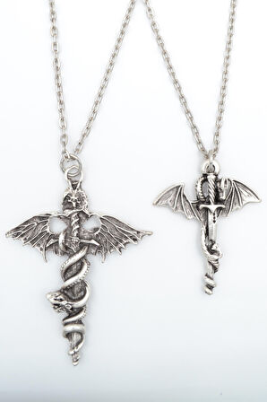 2'li Kılıç Yarasa Yılan - Ejderha Kılıç Kolye Seti