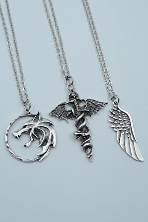 3'lü Yarasa Yılan Kılıç Witcher Çember Kanat  Gümüş Kaplama Unisex Düz Zincir Kolye Seti kod 1161