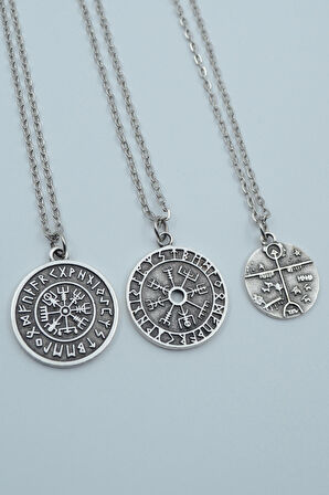 3'lü Viking Pusula Tılsım Şaman Davulu - Kam Davulu  Gümüş Kaplama Unisex Düz Zincir Kolye Seti kod 1223