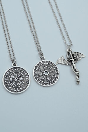 3'lü Ejderha Kılıç Viking Pusula Tılsım  Gümüş Kaplama Unisex Düz Zincir Kolye Seti kod 1208