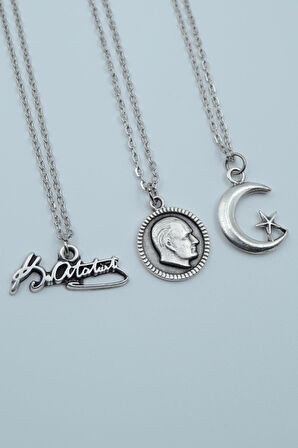 3'lü Atatürk İmza Madalyon Ay Yıldız  Gümüş Kaplama Unisex Düz Zincir Kolye Seti kod 1206