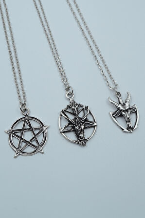 3'lüPentagram Pagan - Keçi Şeytan  Gümüş Kaplama Unisex Düz Zincir Kolye Seti kod 1146