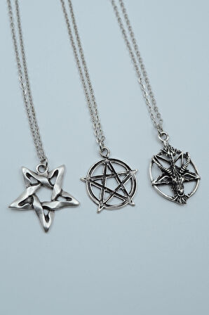 3'lü Pentagram Ters Pentagram Keçi Kafası  Gümüş Kaplama Unisex Düz Zincir Kolye Seti kod 1166