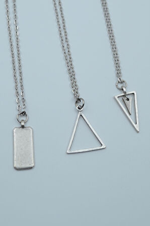 3'lü Dikdörtgen Sallantılı Üçgen Geometrik  Gümüş Kaplama Unisex Düz Zincir Kolye Seti kod 1190