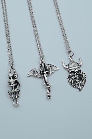 3'lü Sarılan İskelet Ejderha Kılıç Viking Savaşçı  Gümüş Kaplama Unisex Düz Zincir Kolye Seti kod 1211