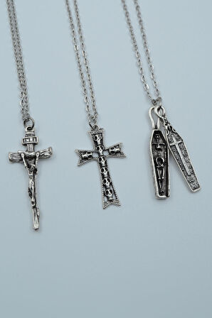 3'lü Hz. İsa Haç Kuru Kafa Tabut  Gümüş Kaplama Unisex Düz Zincir Kolye Seti kod 1202