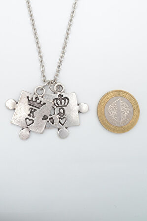 Puzzle - Quenn - King - Sevgili Düz Zincir Kolye