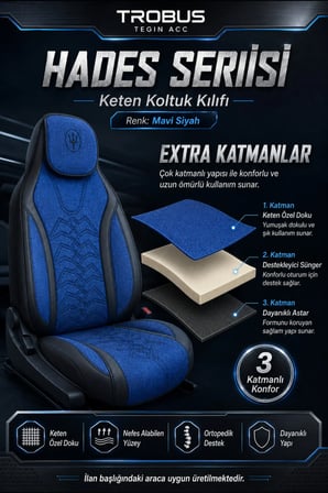 Toyota Camry 2002 ve Sonrası Uyumlu Hades Serisi Keten Koltuk Kılıfı Mavi Siyah