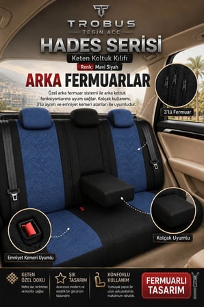 Toyota Camry 2012 ve Sonrası Uyumlu Hades Serisi Keten Koltuk Kılıfı Mavi Siyah