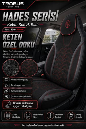 Toyota Camry 2012 ve Sonrası Uyumlu Hades Serisi Keten Koltuk Kılıfı Siyah Kırmızı